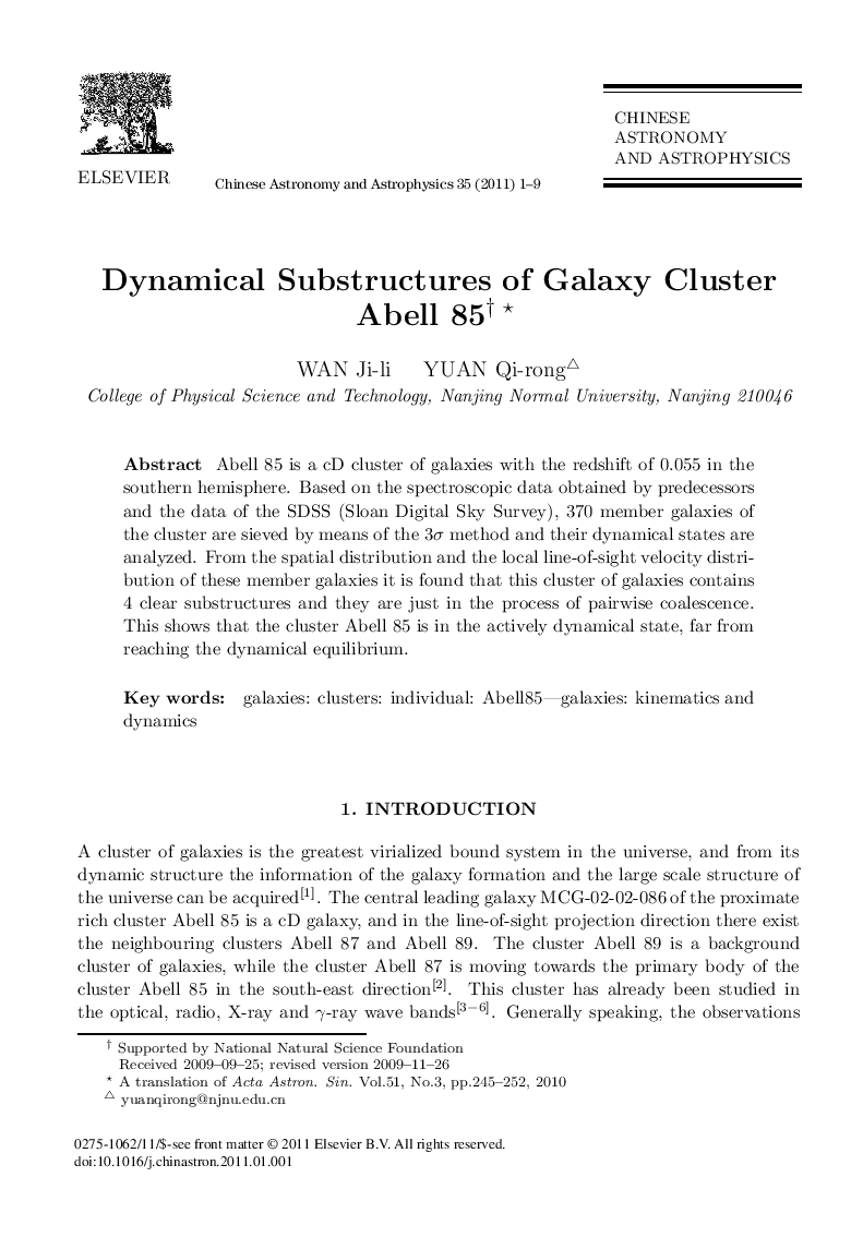 Dynamical Substructures of Galaxy Cluster Abell 85 