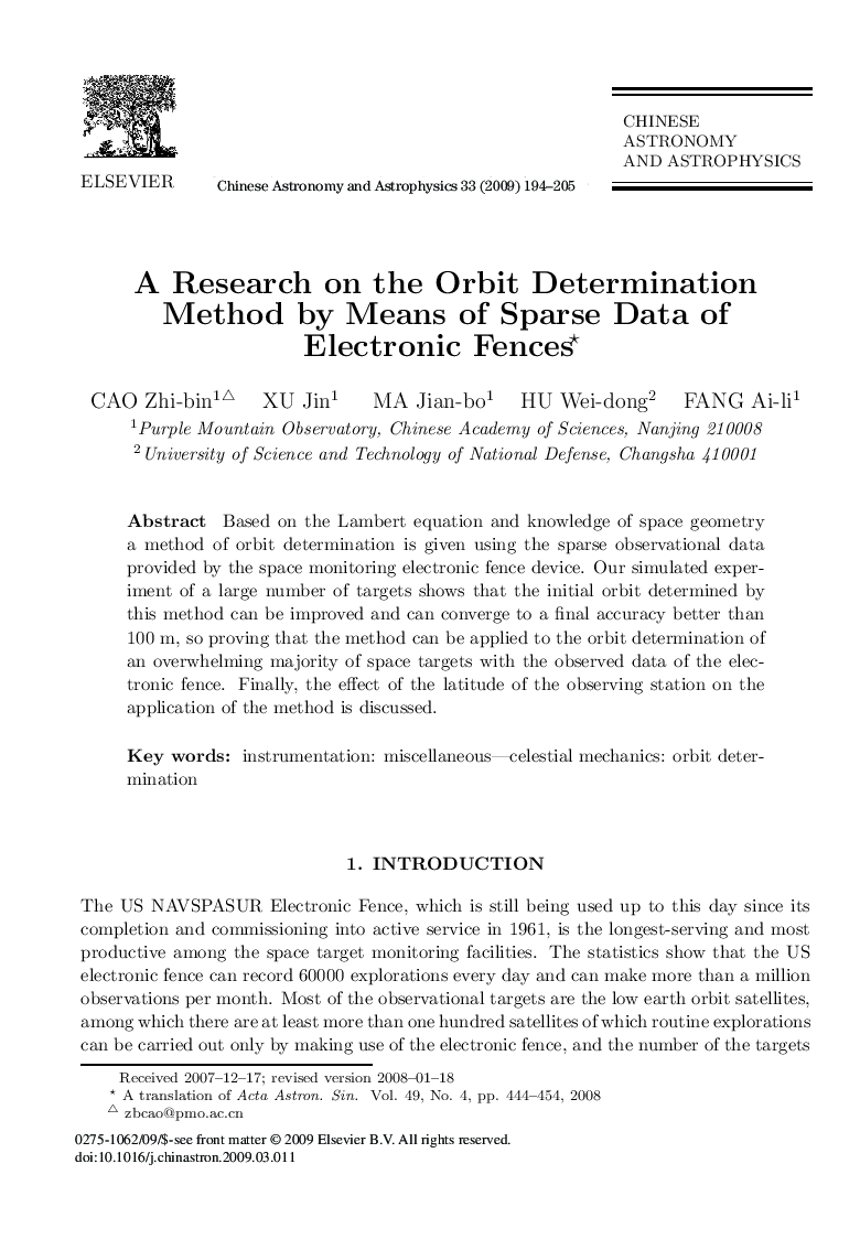 A Research on the Orbit Determination Method by Means of Sparse Data of Electronic Fences