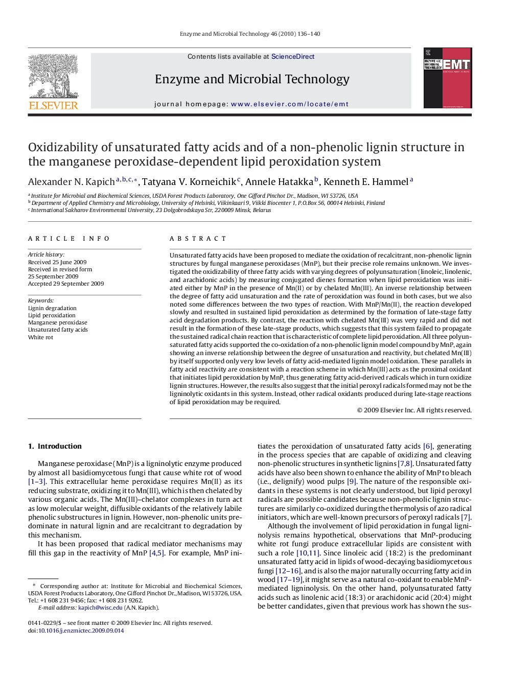 Oxidizability of unsaturated fatty acids and of a non-phenolic lignin structure in the manganese peroxidase-dependent lipid peroxidation system