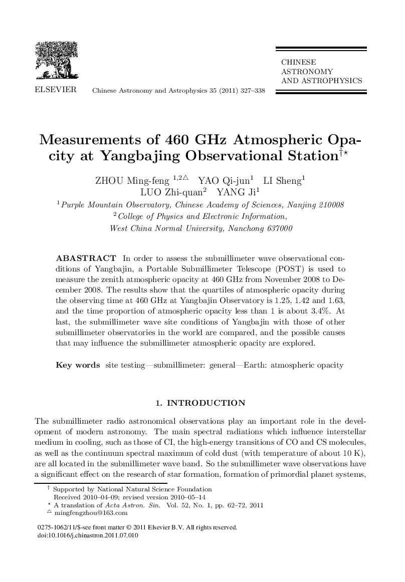 Measurements of 460 GHz Atmospheric Opacity at Yangbajing Observational Station†