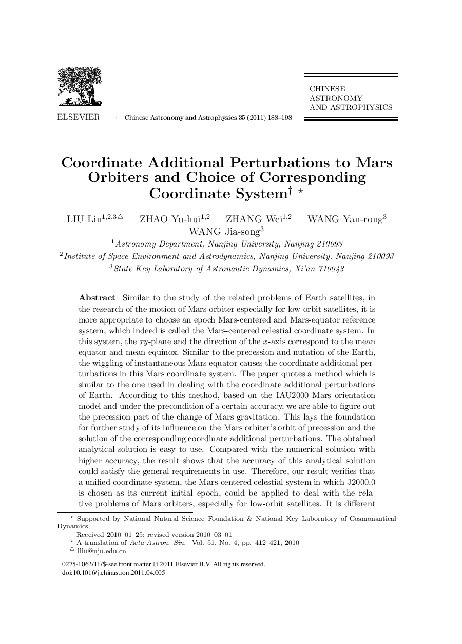 Coordinate Additional Perturbations to Mars Orbiters and Choice of Corresponding Coordinate System 