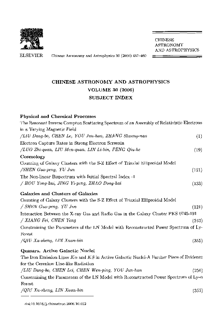 Chinese astronomy and astrophysics volume 30 (2006) subject index