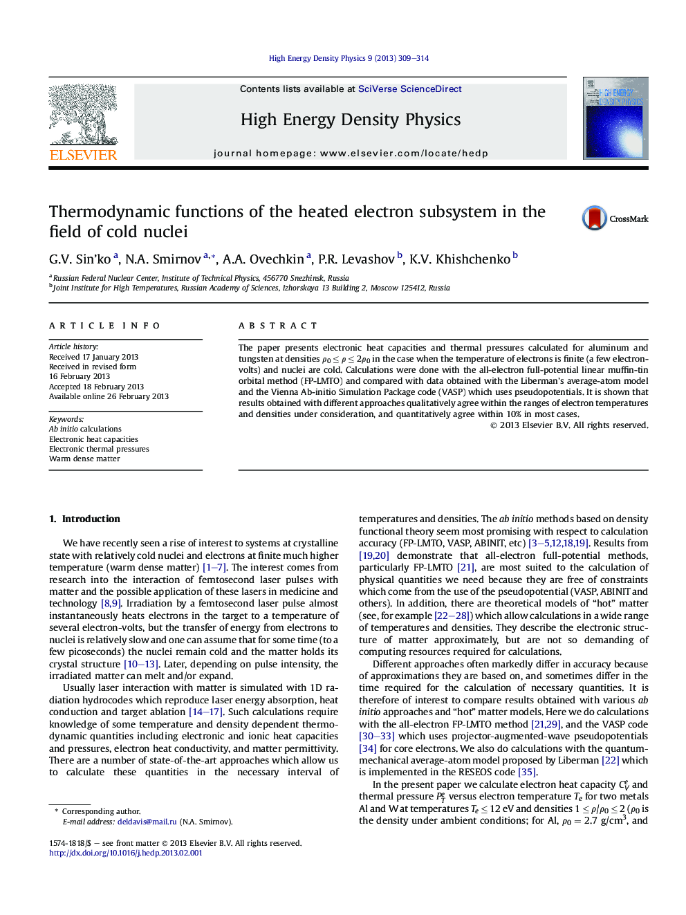 Thermodynamic functions of the heated electron subsystem in the field of cold nuclei