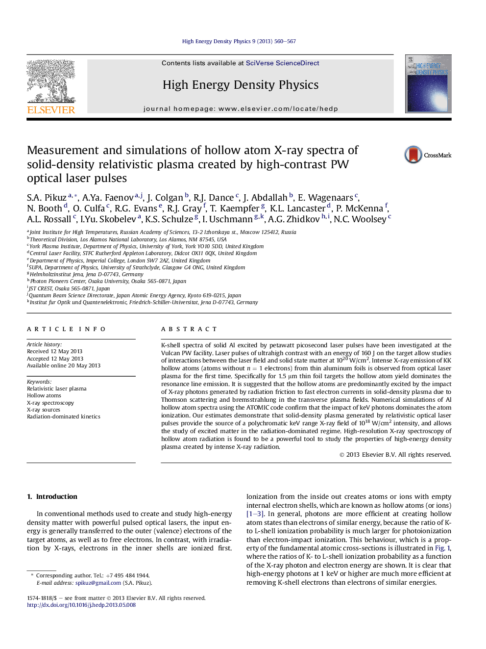 عکس صفحه اول مقاله: Measurement and simulations of hollow atom X-ray spectra of solid-density relativistic plasma created by high-contrast PW optical laser pulses Measurement and simulations of hollow atom X-ray spectra of solid-density relativistic plasma created by high-contrast PW optical laser pulses