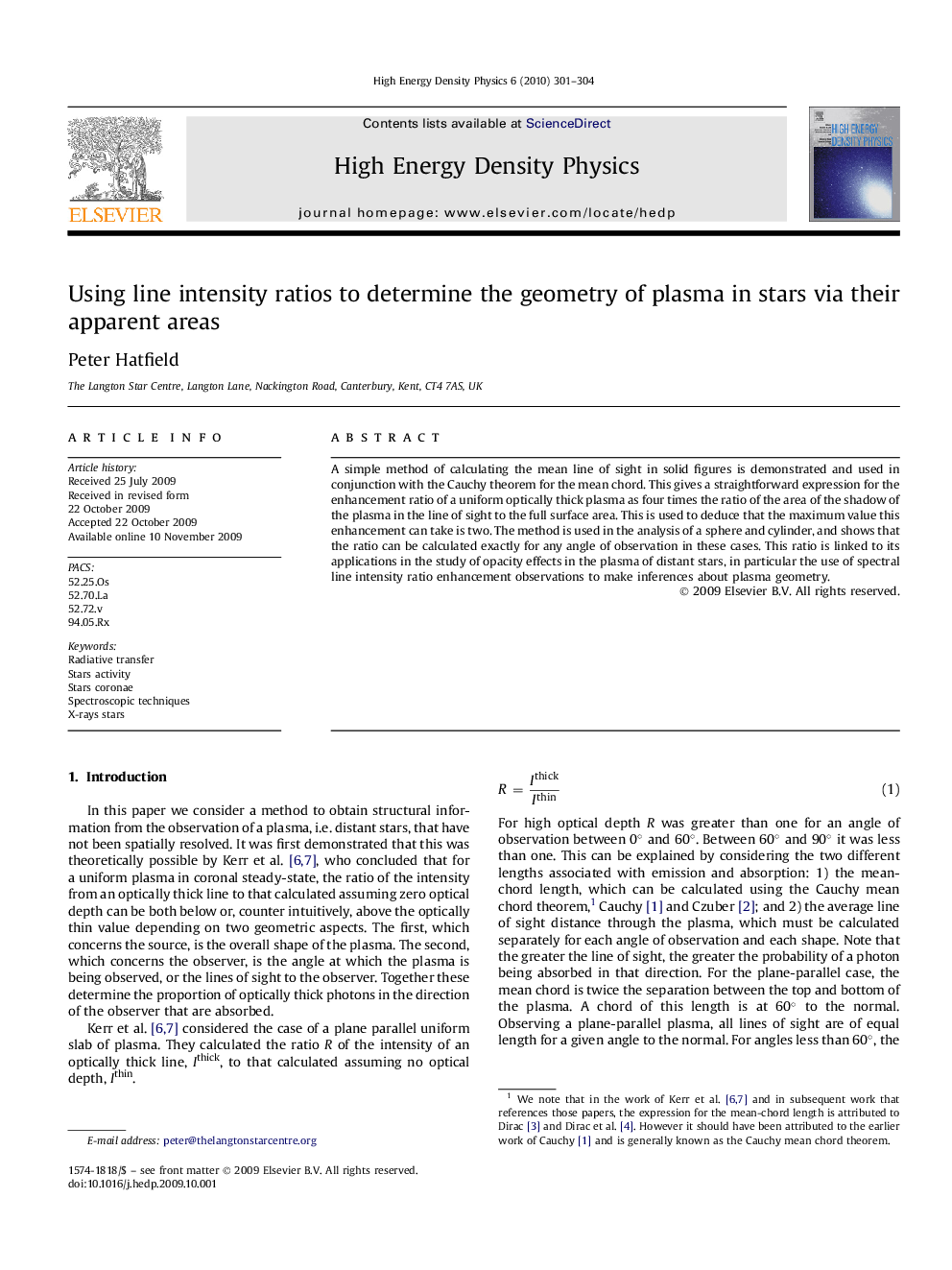 Using line intensity ratios to determine the geometry of plasma in stars via their apparent areas