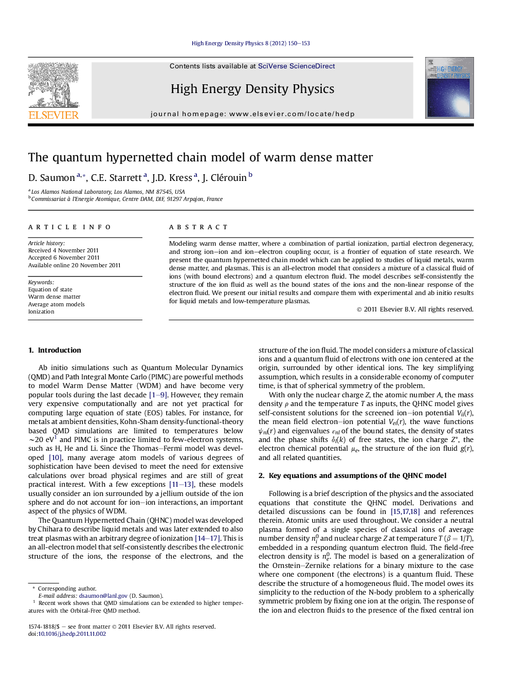 The quantum hypernetted chain model of warm dense matter