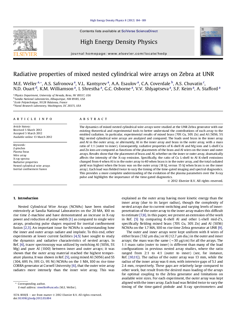 عکس صفحه اول مقاله: Radiative properties of mixed nested cylindrical wire arrays on Zebra at UNR Radiative properties of mixed nested cylindrical wire arrays on Zebra at UNR