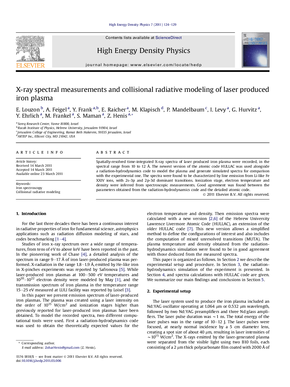 عکس صفحه اول مقاله: X-ray spectral measurements and collisional radiative modeling of laser produced iron plasma X-ray spectral measurements and collisional radiative modeling of laser produced iron plasma