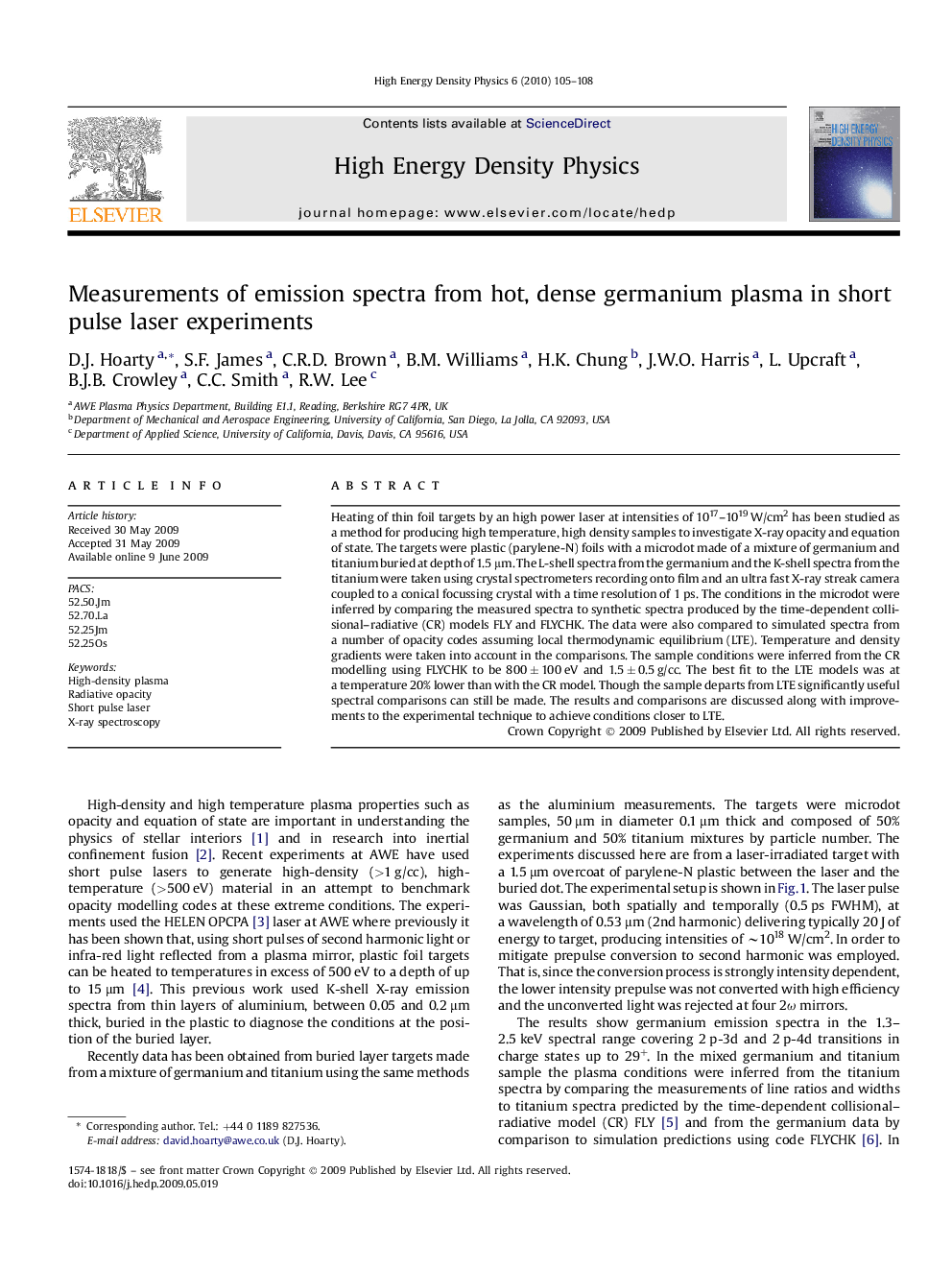 Measurements of emission spectra from hot, dense germanium plasma in short pulse laser experiments