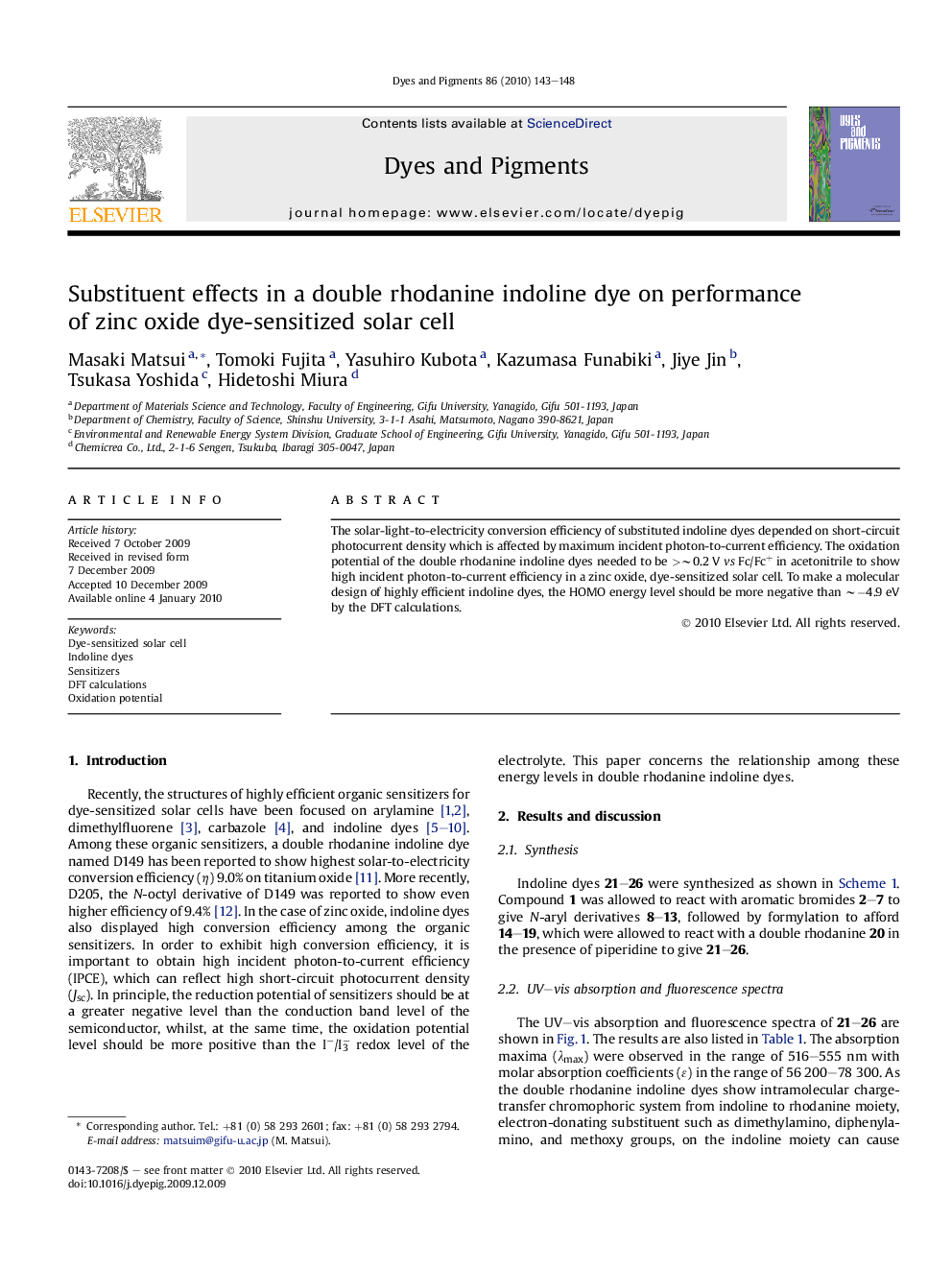 Substituent effects in a double rhodanine indoline dye on performance of zinc oxide dye-sensitized solar cell