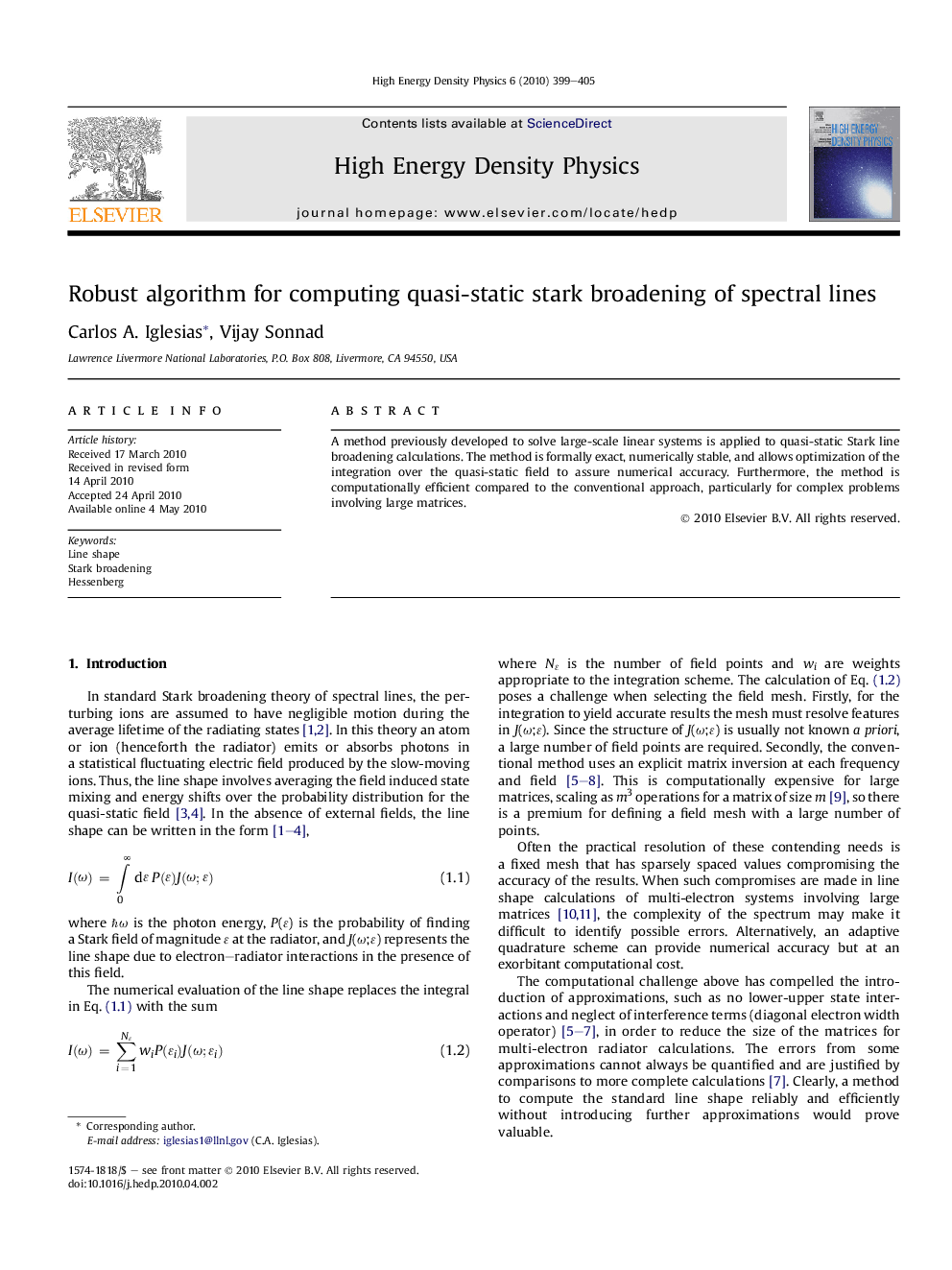 Robust algorithm for computing quasi-static stark broadening of spectral lines