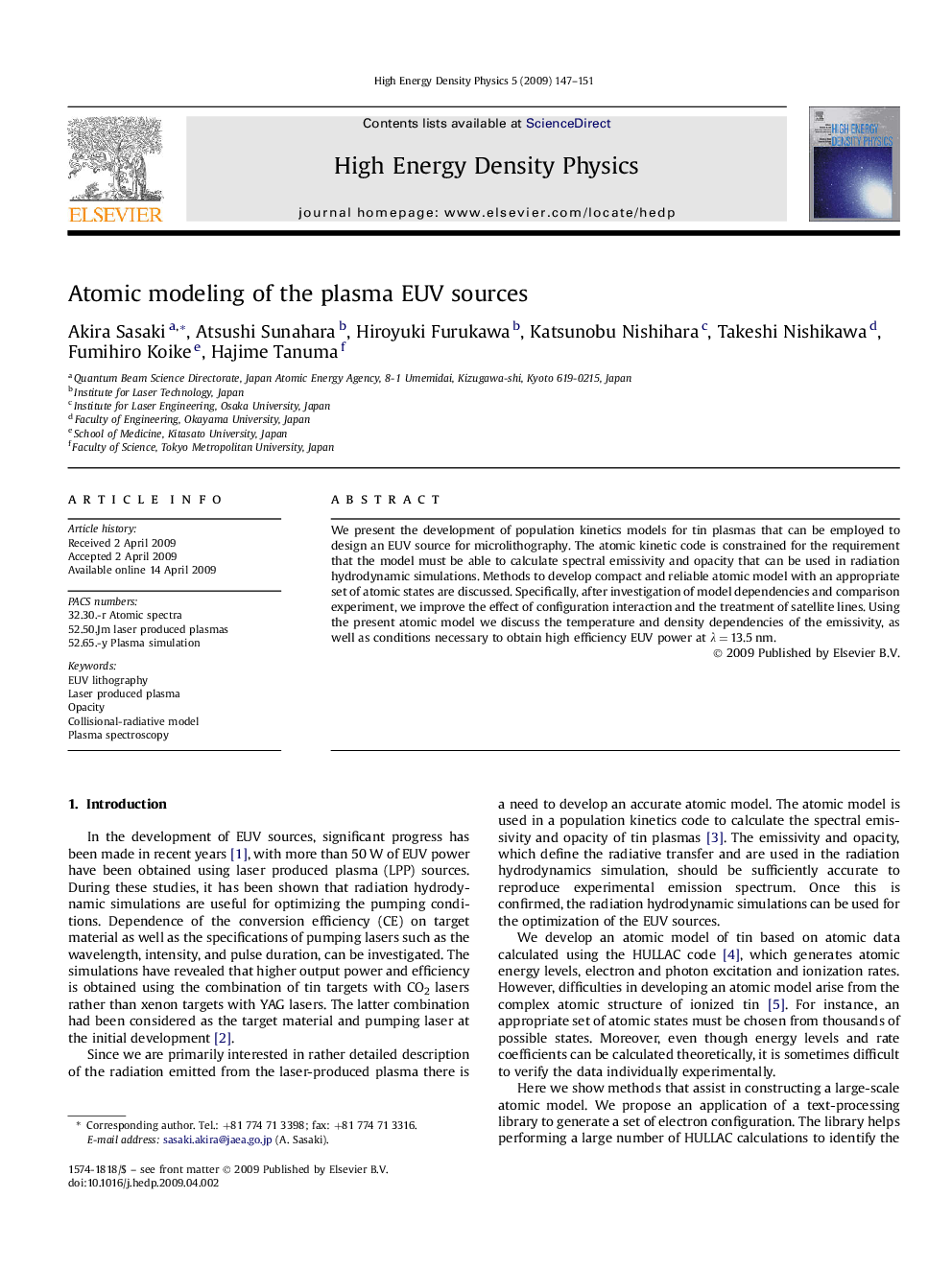 Atomic modeling of the plasma EUV sources