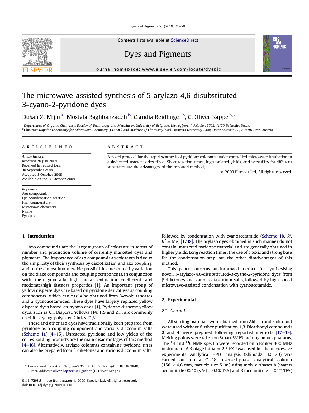 The microwave-assisted synthesis of 5-arylazo-4,6-disubstituted-3-cyano-2-pyridone dyes