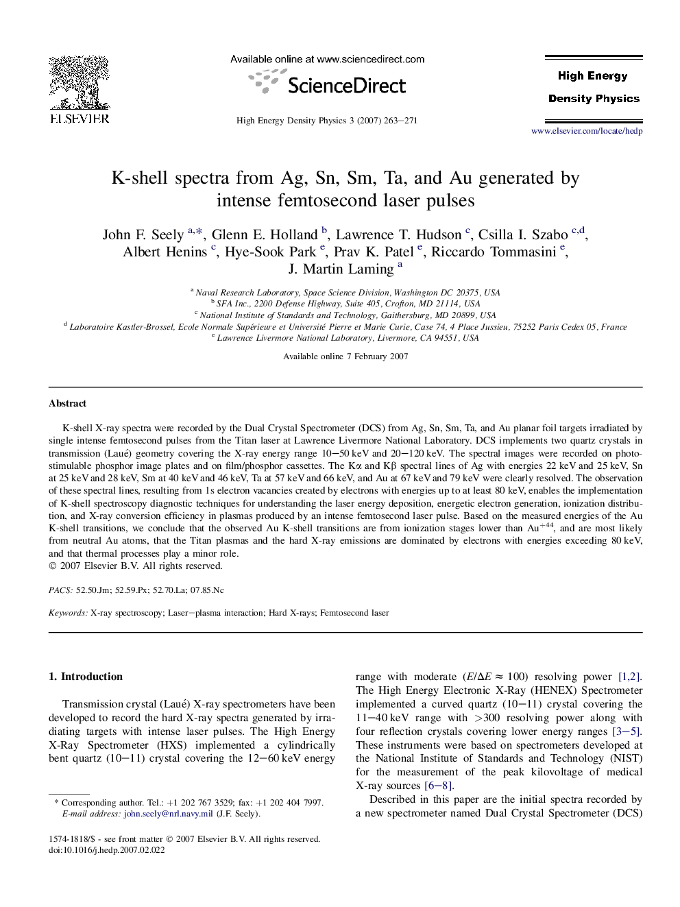 K-shell spectra from Ag, Sn, Sm, Ta, and Au generated by intense femtosecond laser pulses