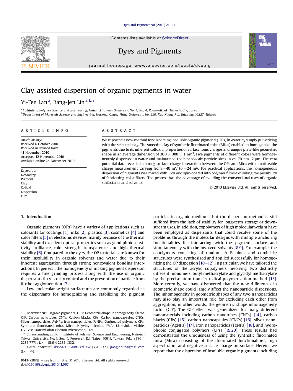 Clay-assisted dispersion of organic pigments in water