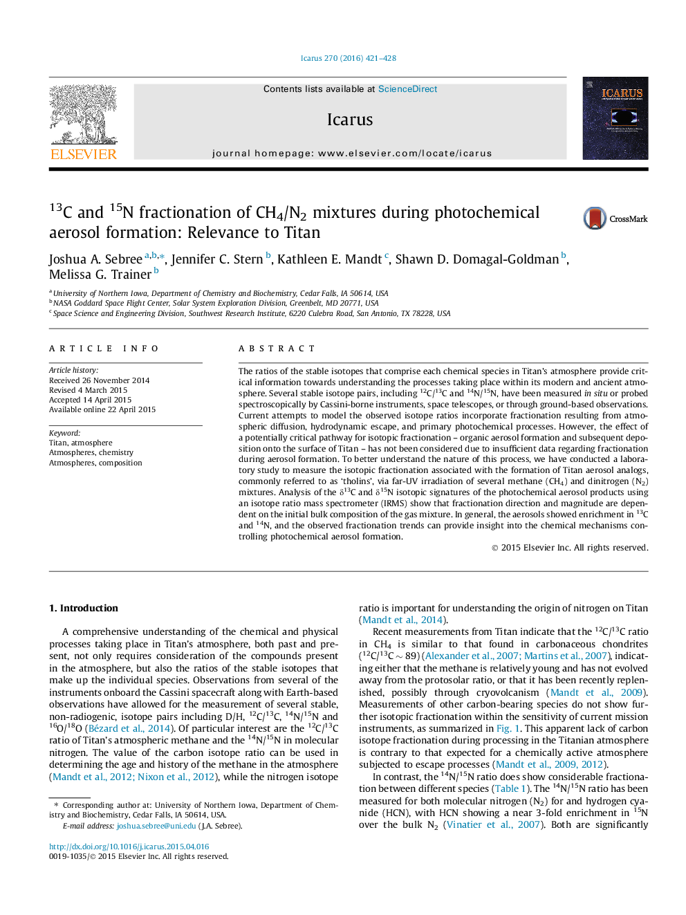 تقسیم بندی 13C و 15N از مخلوط های CH4/N2 در شکل گیری آئروسل های فتوشیمیایی: مربوط به تیتان