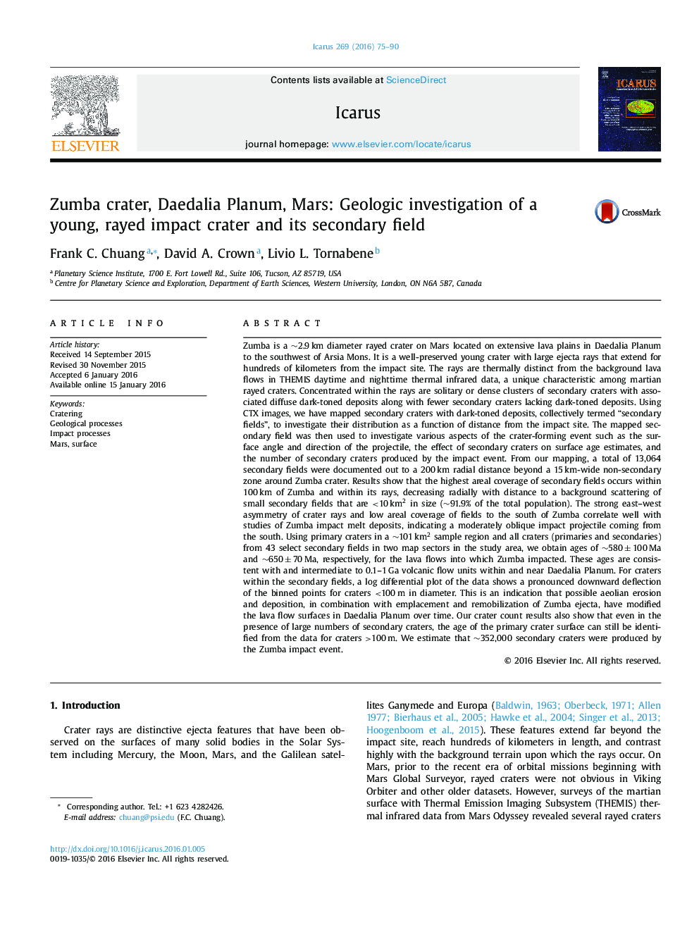 Zumba crater, Daedalia Planum, Mars: Geologic investigation of a young, rayed impact crater and its secondary field
