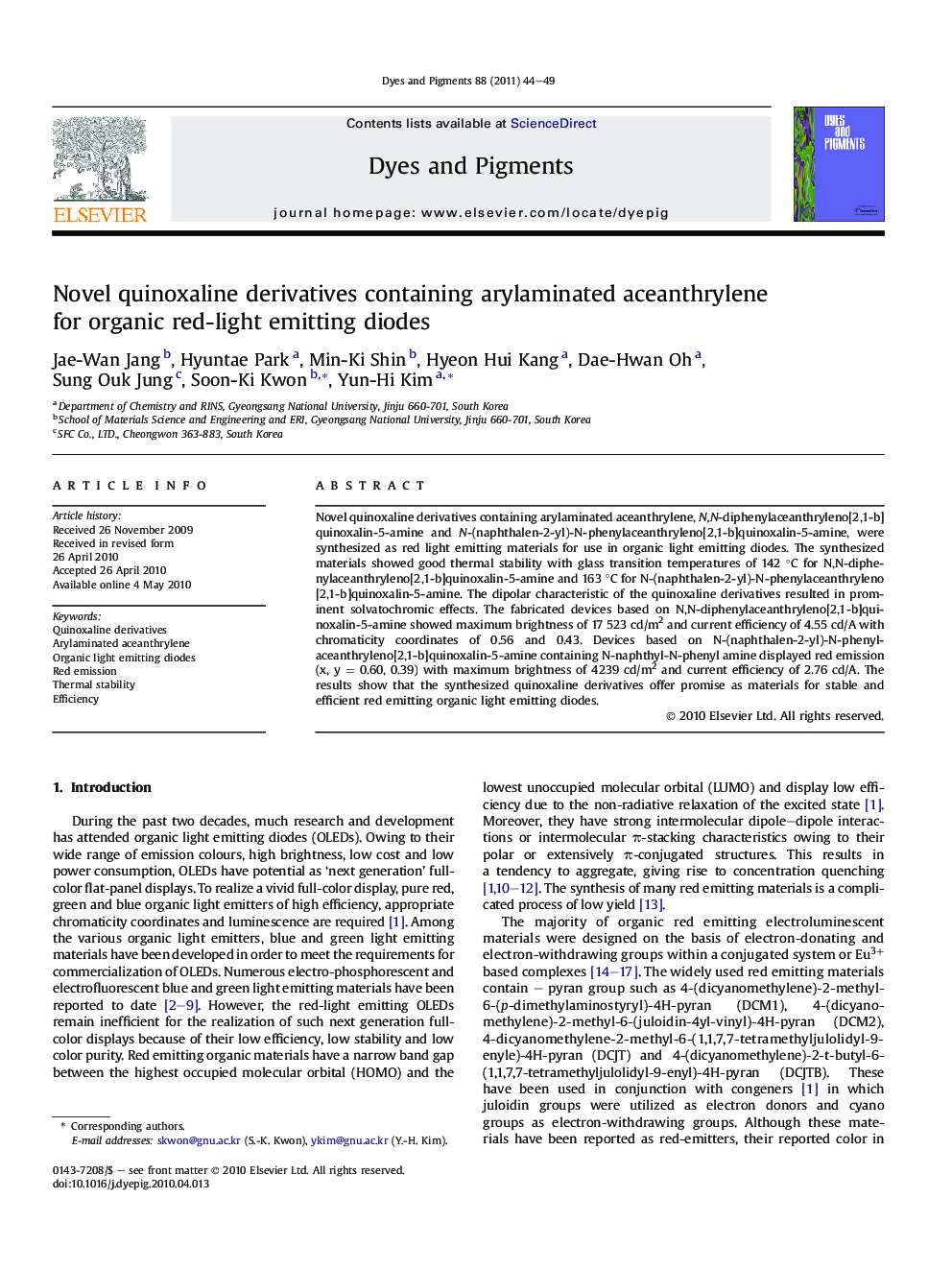 Novel quinoxaline derivatives containing arylaminated aceanthrylene for organic red-light emitting diodes