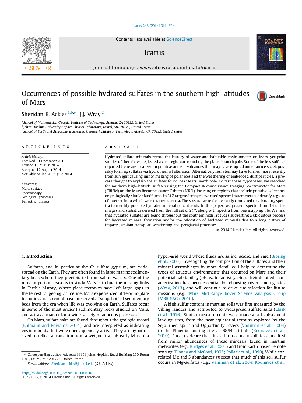 Occurrences of possible hydrated sulfates in the southern high latitudes of Mars