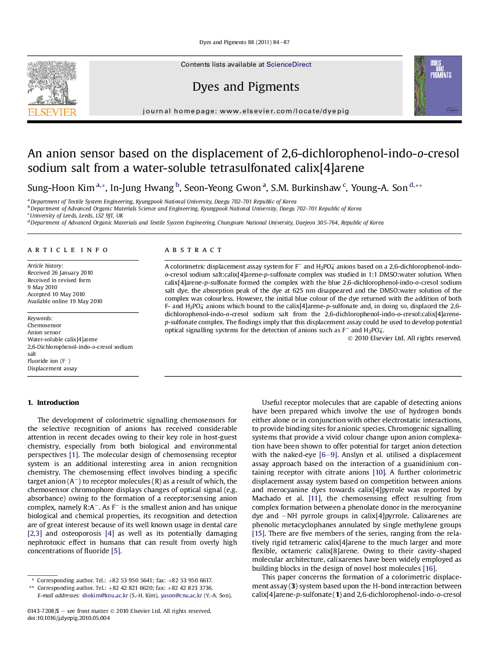 An anion sensor based on the displacement of 2,6-dichlorophenol-indo-o-cresol sodium salt from a water-soluble tetrasulfonated calix[4]arene