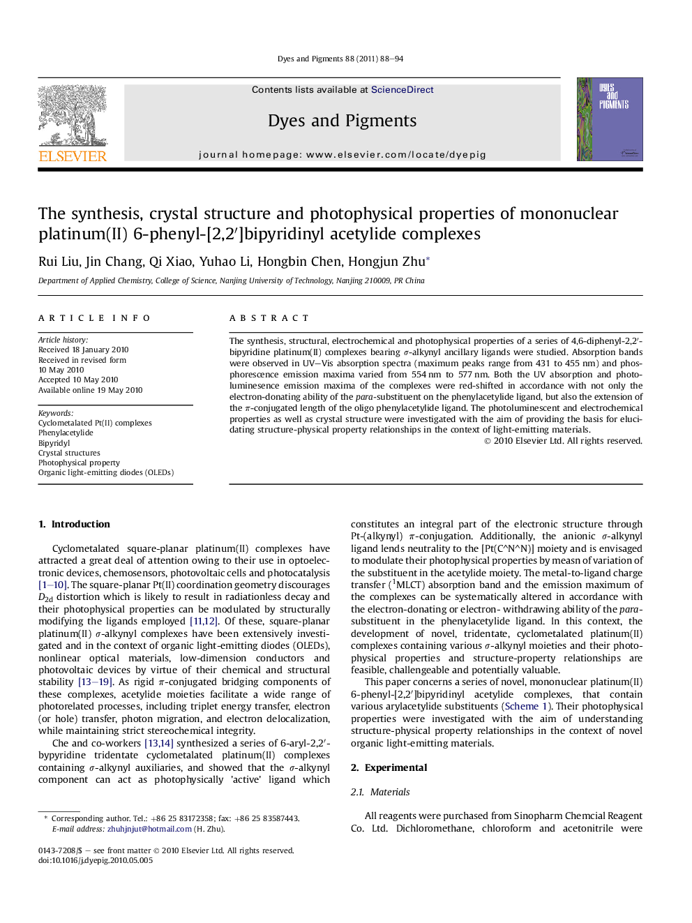 The synthesis, crystal structure and photophysical properties of mononuclear platinum(II) 6-phenyl-[2,2′]bipyridinyl acetylide complexes