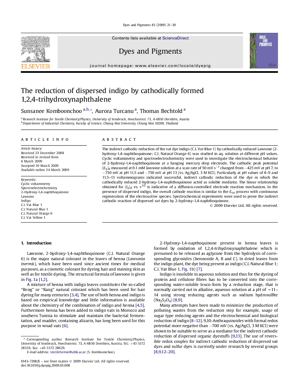 The reduction of dispersed indigo by cathodically formed 1,2,4-trihydroxynaphthalene