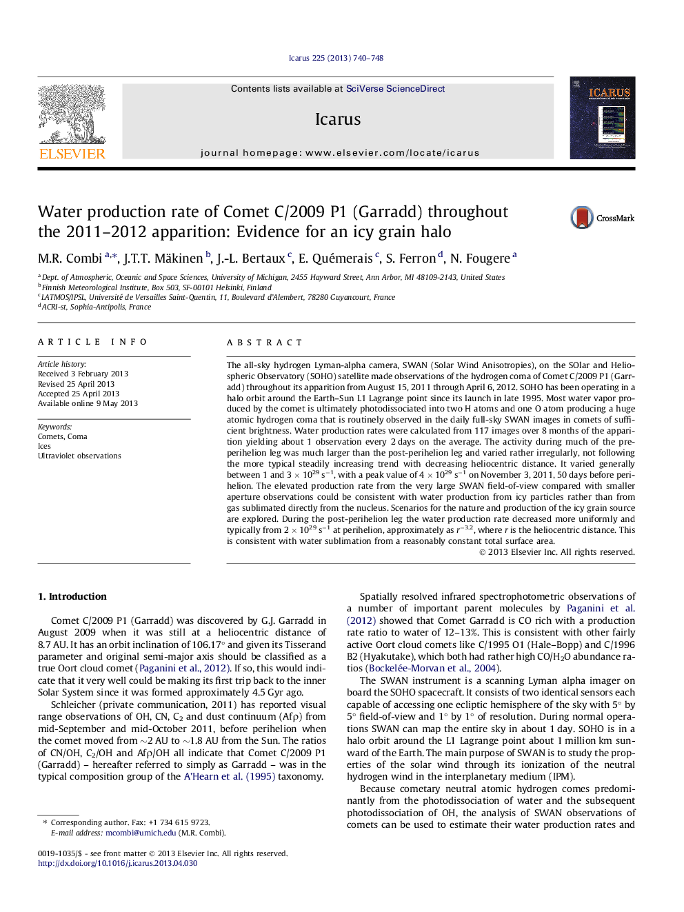 Water production rate of Comet C/2009 P1 (Garradd) throughout the 2011–2012 apparition: Evidence for an icy grain halo