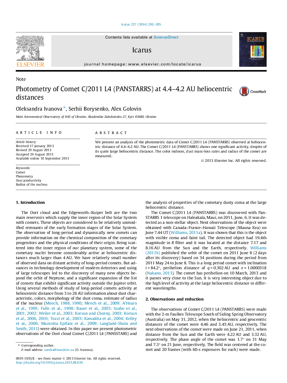 Photometry of Comet C/2011 L4 (PANSTARRS) at 4.4–4.2 AU heliocentric distances