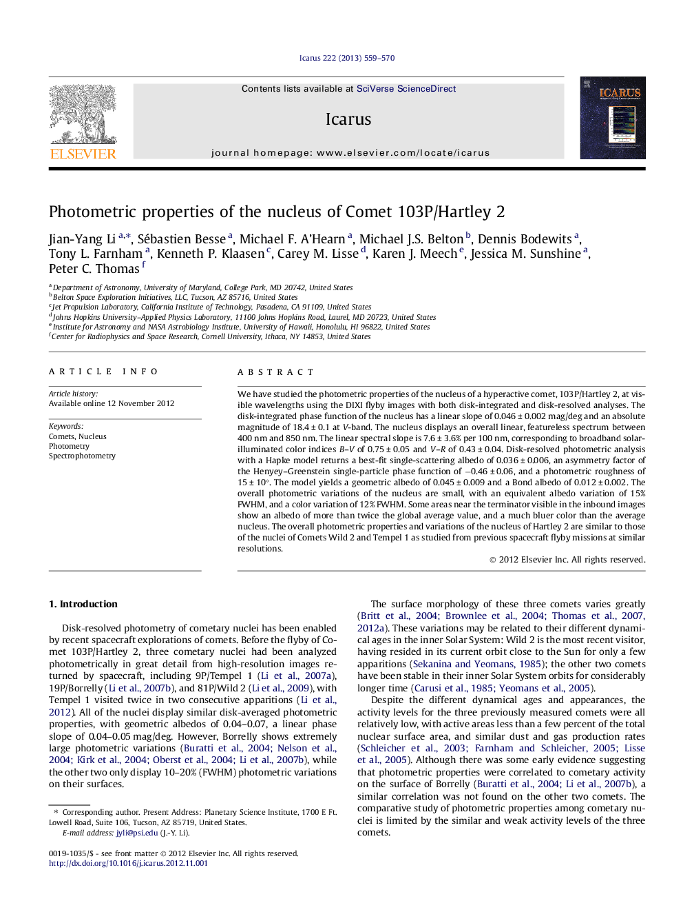 Photometric properties of the nucleus of Comet 103P/Hartley 2