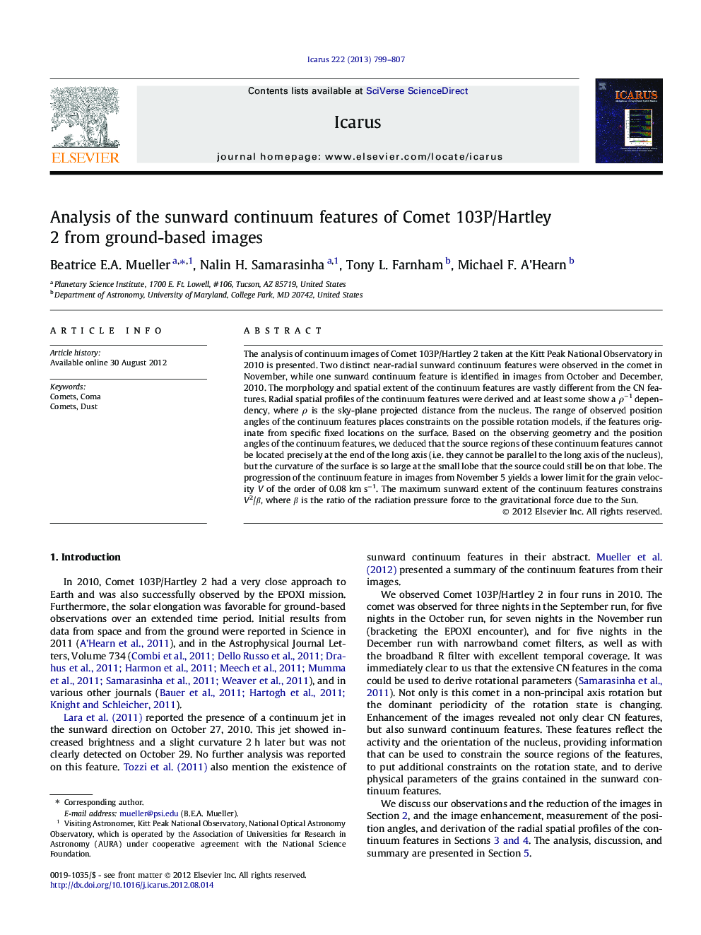 Analysis of the sunward continuum features of Comet 103P/Hartley 2 from ground-based images