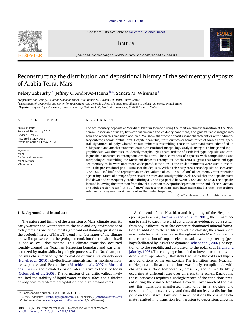 عکس صفحه اول مقاله: Reconstructing the distribution and depositional history of the sedimentary deposits of Arabia Terra, Mars Reconstructing the distribution and depositional history of the sedimentary deposits of Arabia Terra, Mars