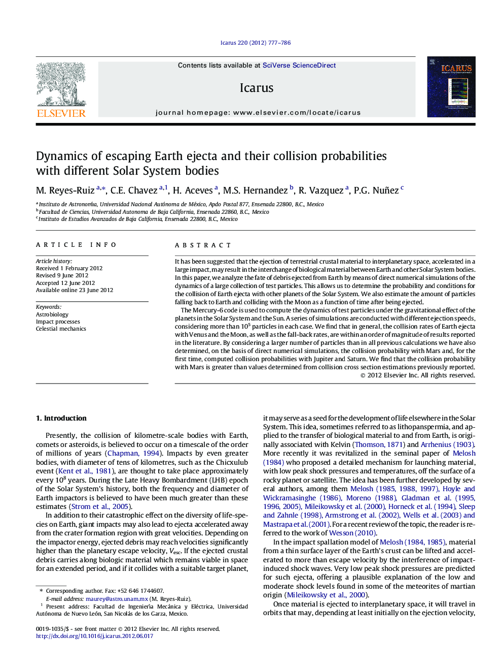 عکس صفحه اول مقاله: Dynamics of escaping Earth ejecta and their collision probabilities with different Solar System bodies Dynamics of escaping Earth ejecta and their collision probabilities with different Solar System bodies