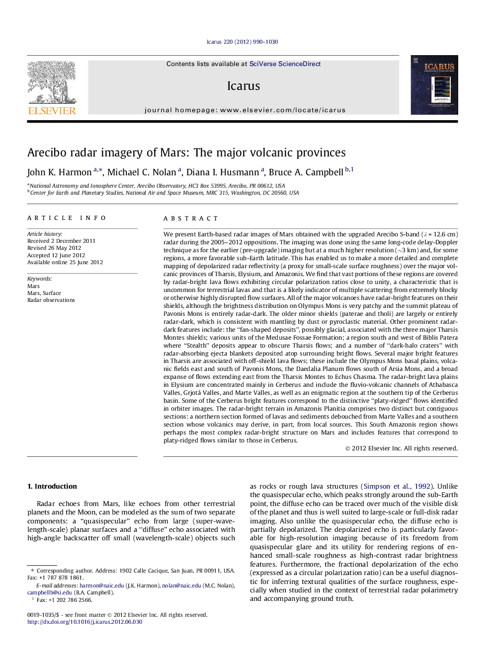 Arecibo radar imagery of Mars: The major volcanic provinces