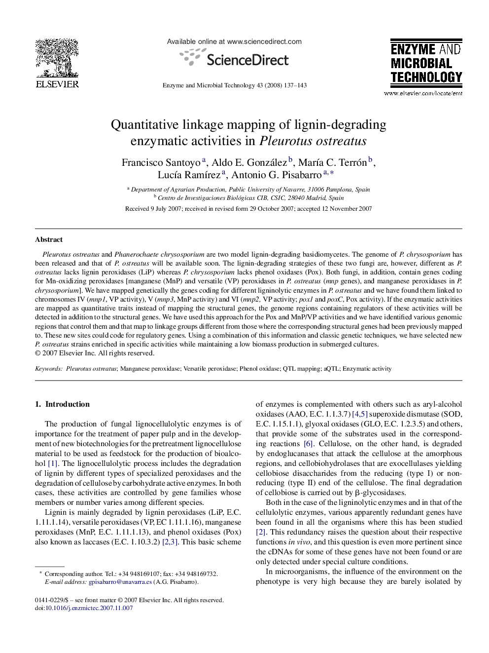 Quantitative linkage mapping of lignin-degrading enzymatic activities in Pleurotus ostreatus