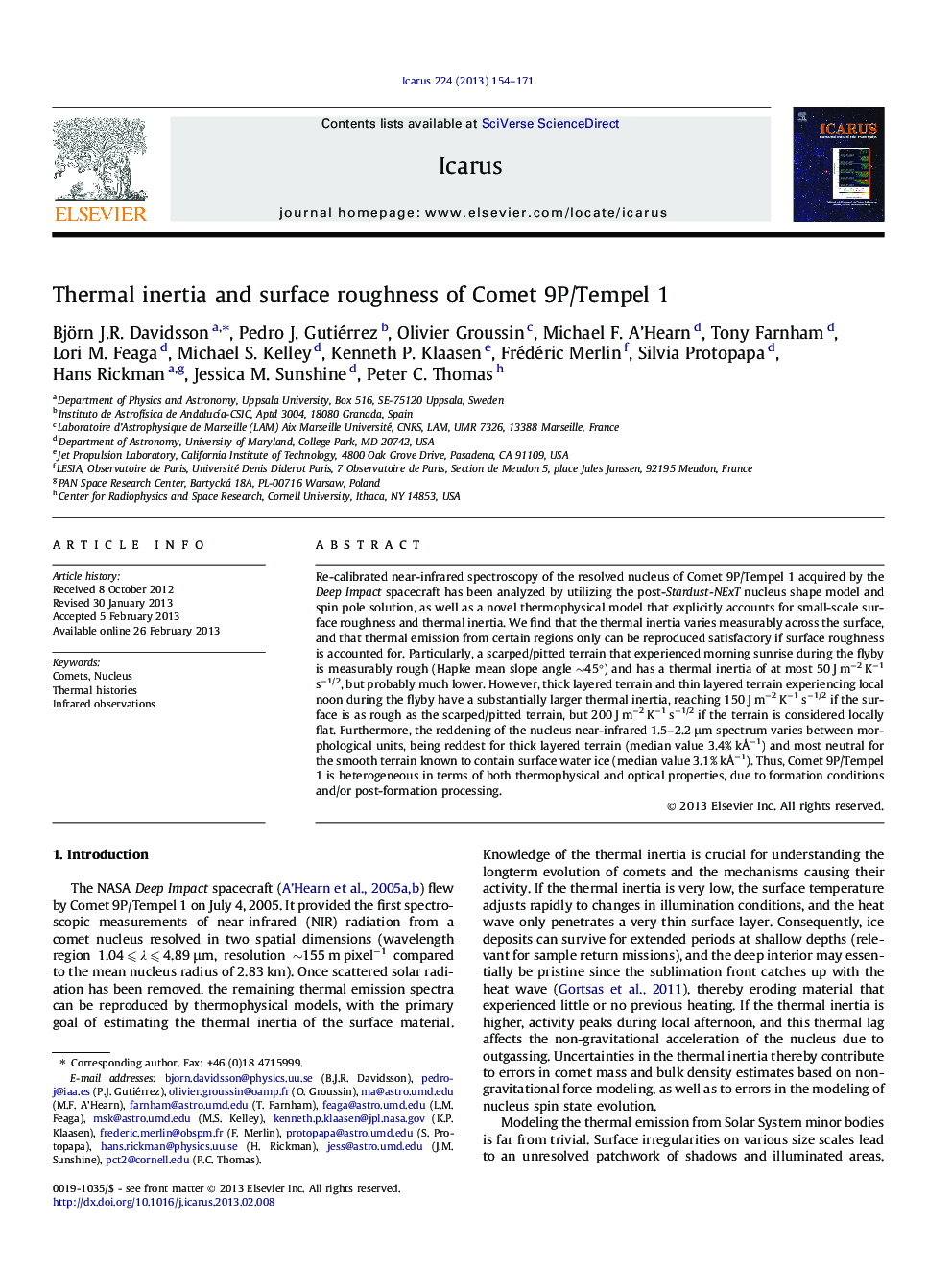 Thermal inertia and surface roughness of Comet 9P/Tempel 1