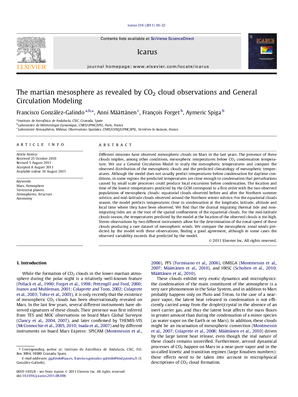 The martian mesosphere as revealed by CO2 cloud observations and General Circulation Modeling