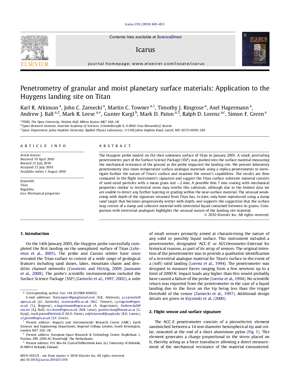 Penetrometry of granular and moist planetary surface materials: Application to the Huygens landing site on Titan