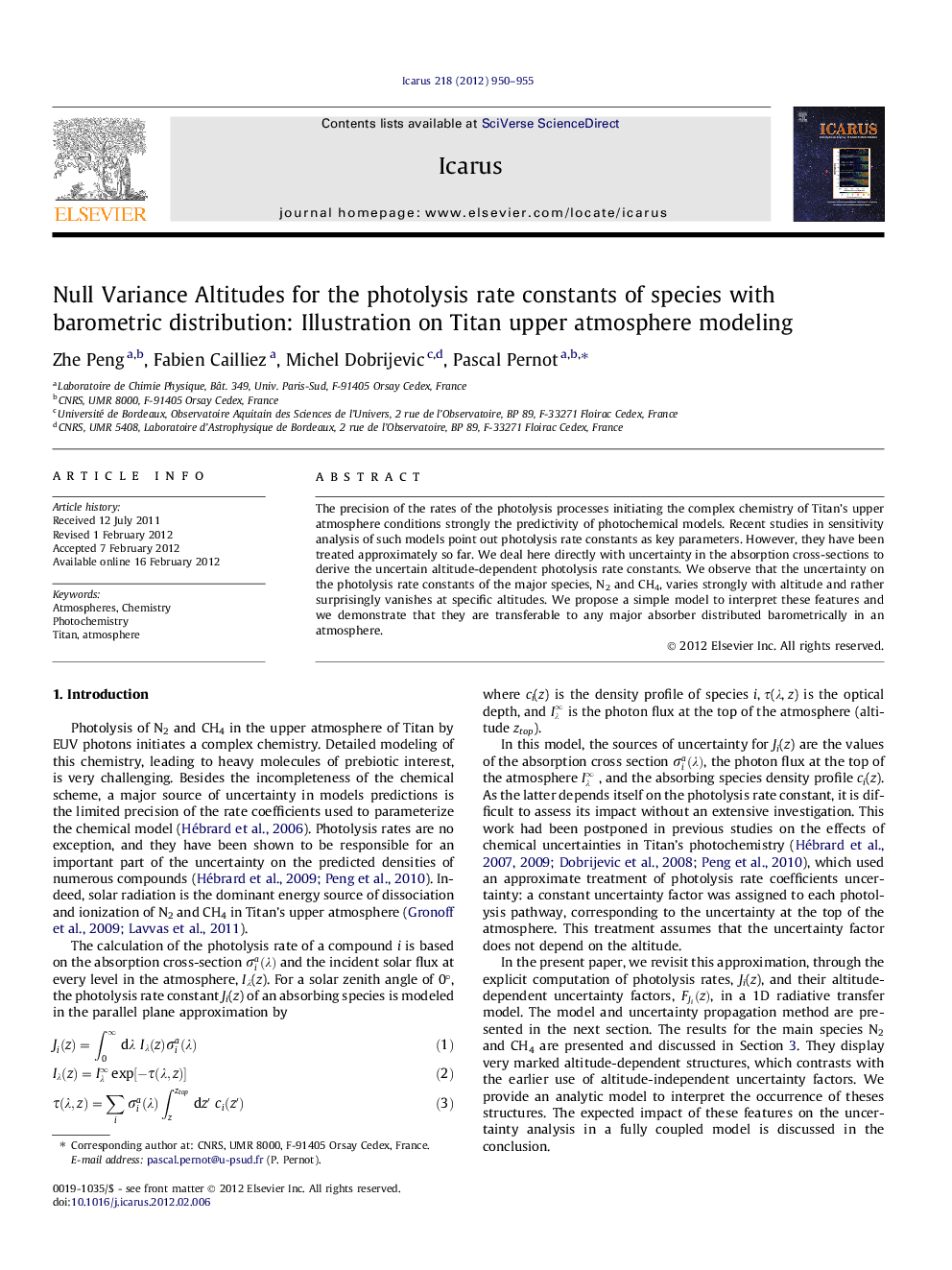 Null Variance Altitudes for the photolysis rate constants of species with barometric distribution: Illustration on Titan upper atmosphere modeling