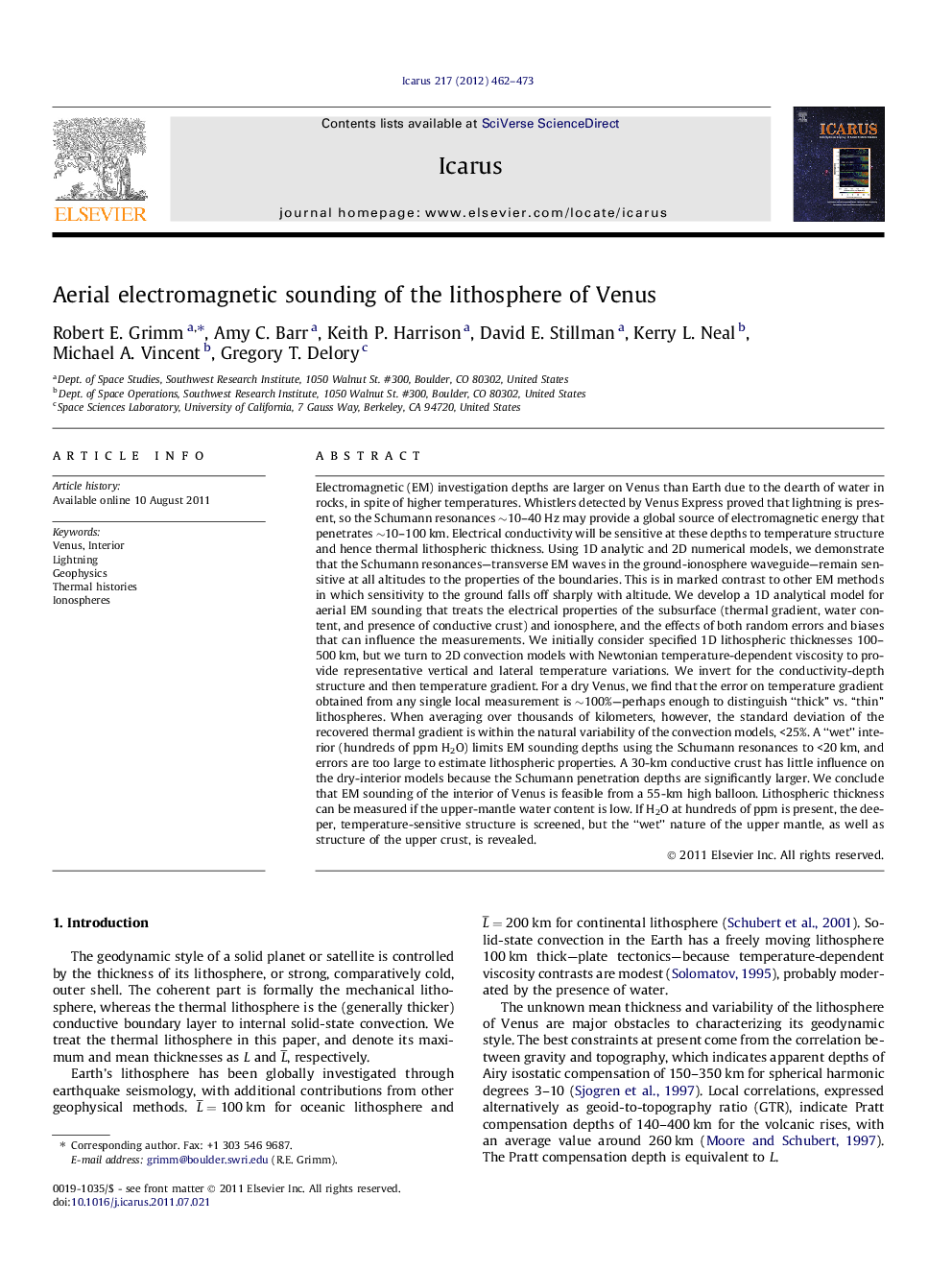 Aerial electromagnetic sounding of the lithosphere of Venus