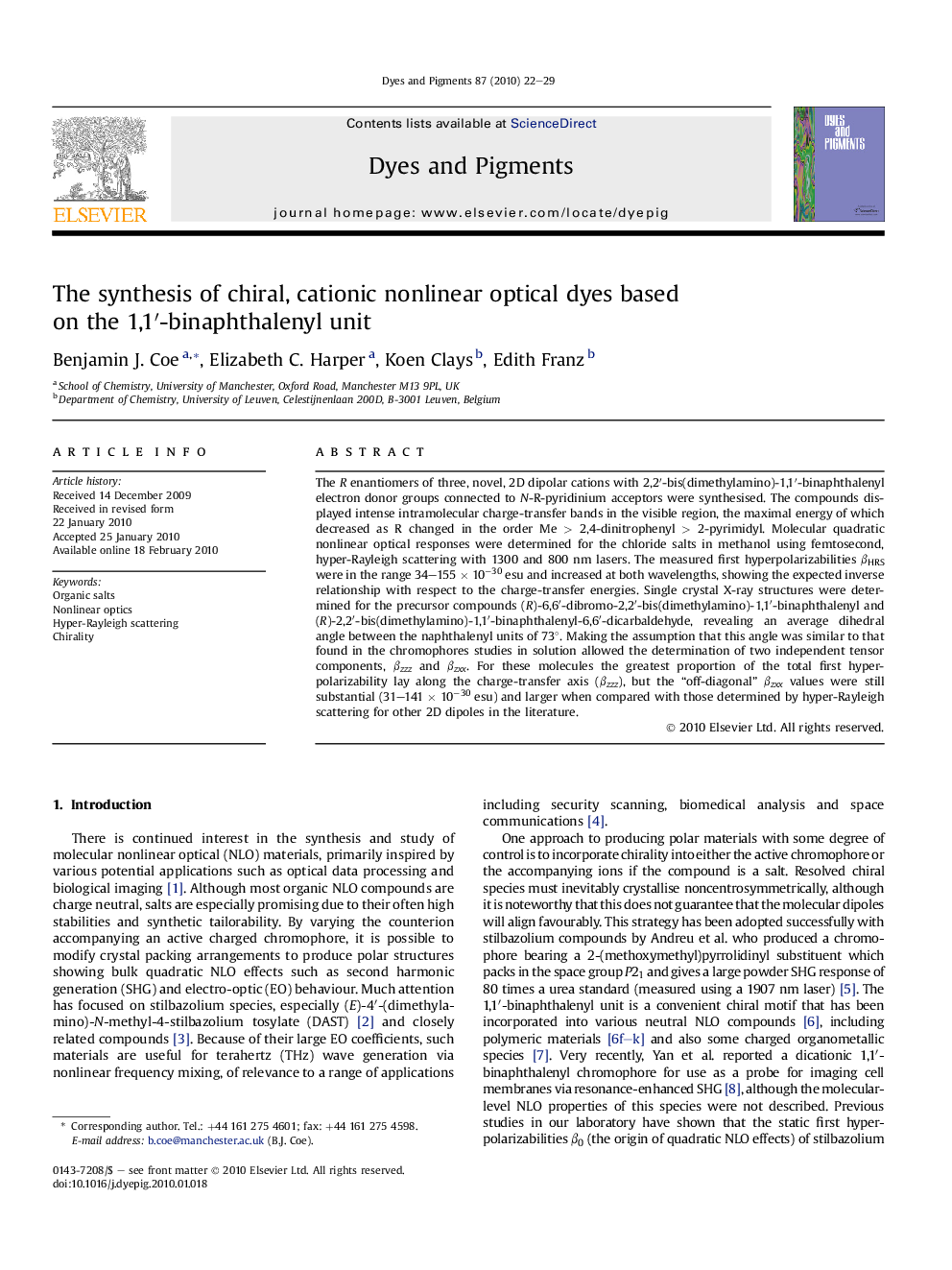 The synthesis of chiral, cationic nonlinear optical dyes based on the 1,1′-binaphthalenyl unit