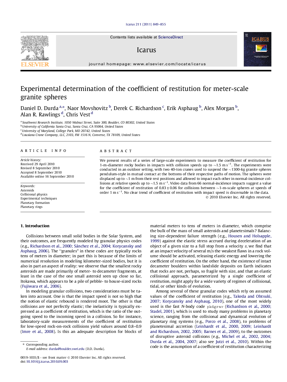 Experimental determination of the coefficient of restitution for meter-scale granite spheres