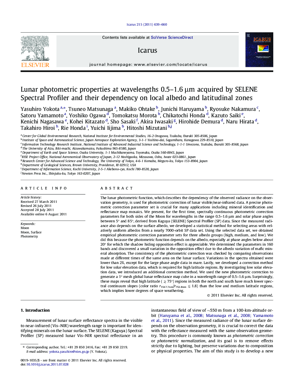 Lunar photometric properties at wavelengths 0.5-1.6Â Î¼m acquired by SELENE Spectral Profiler and their dependency on local albedo and latitudinal zones