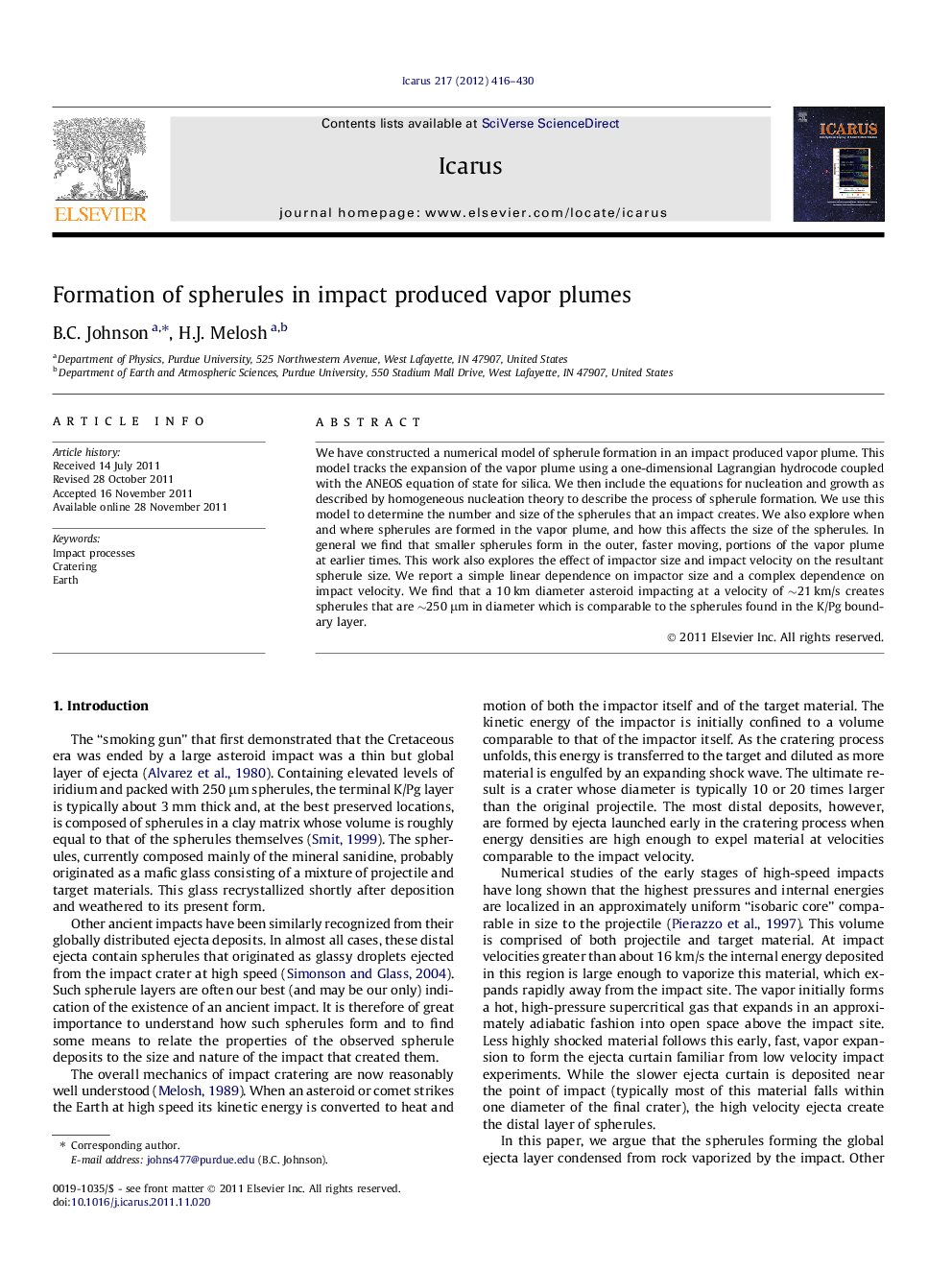 Formation of spherules in impact produced vapor plumes