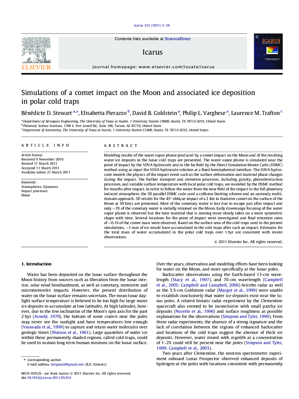 Simulations of a comet impact on the Moon and associated ice deposition in polar cold traps