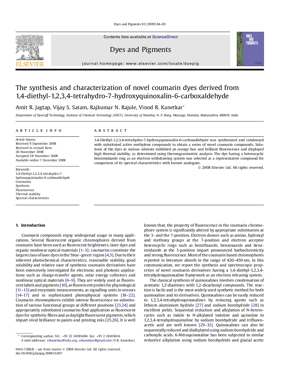 The synthesis and characterization of novel coumarin dyes derived from 1,4-diethyl-1,2,3,4-tetrahydro-7-hydroxyquinoxalin-6-carboxaldehyde