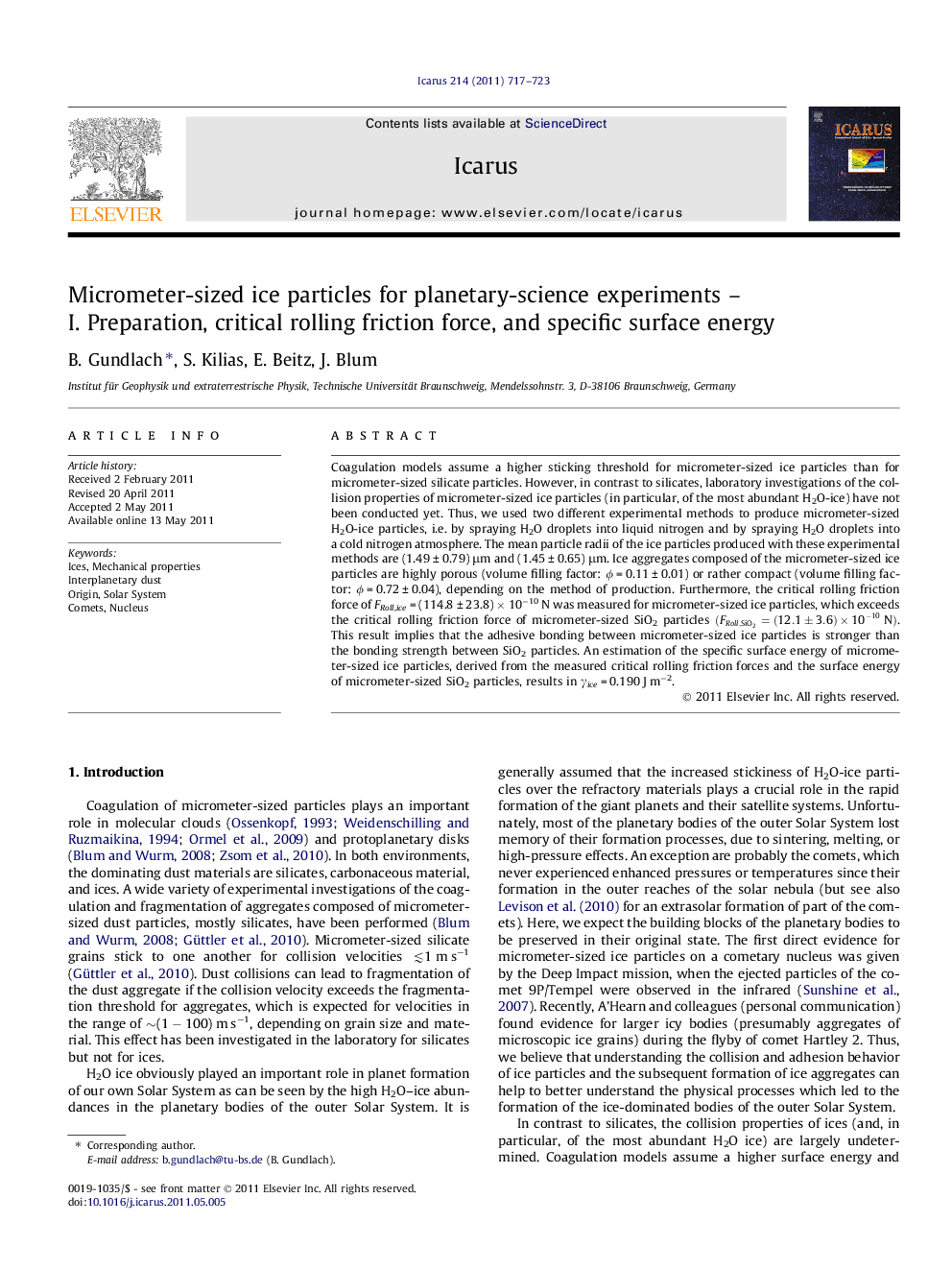 Micrometer-sized ice particles for planetary-science experiments – I. Preparation, critical rolling friction force, and specific surface energy