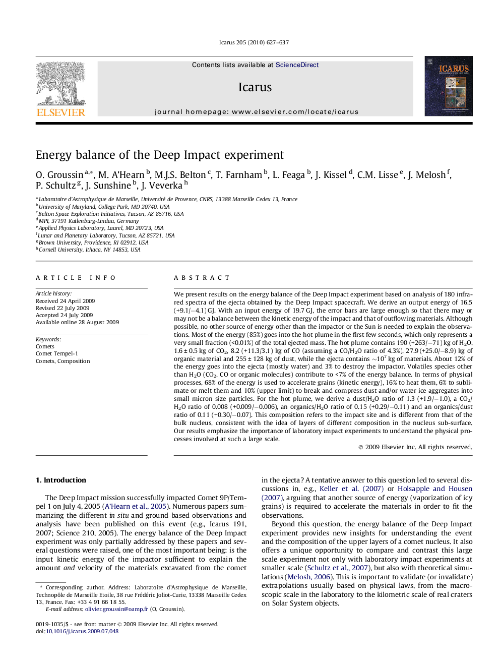 Energy balance of the Deep Impact experiment