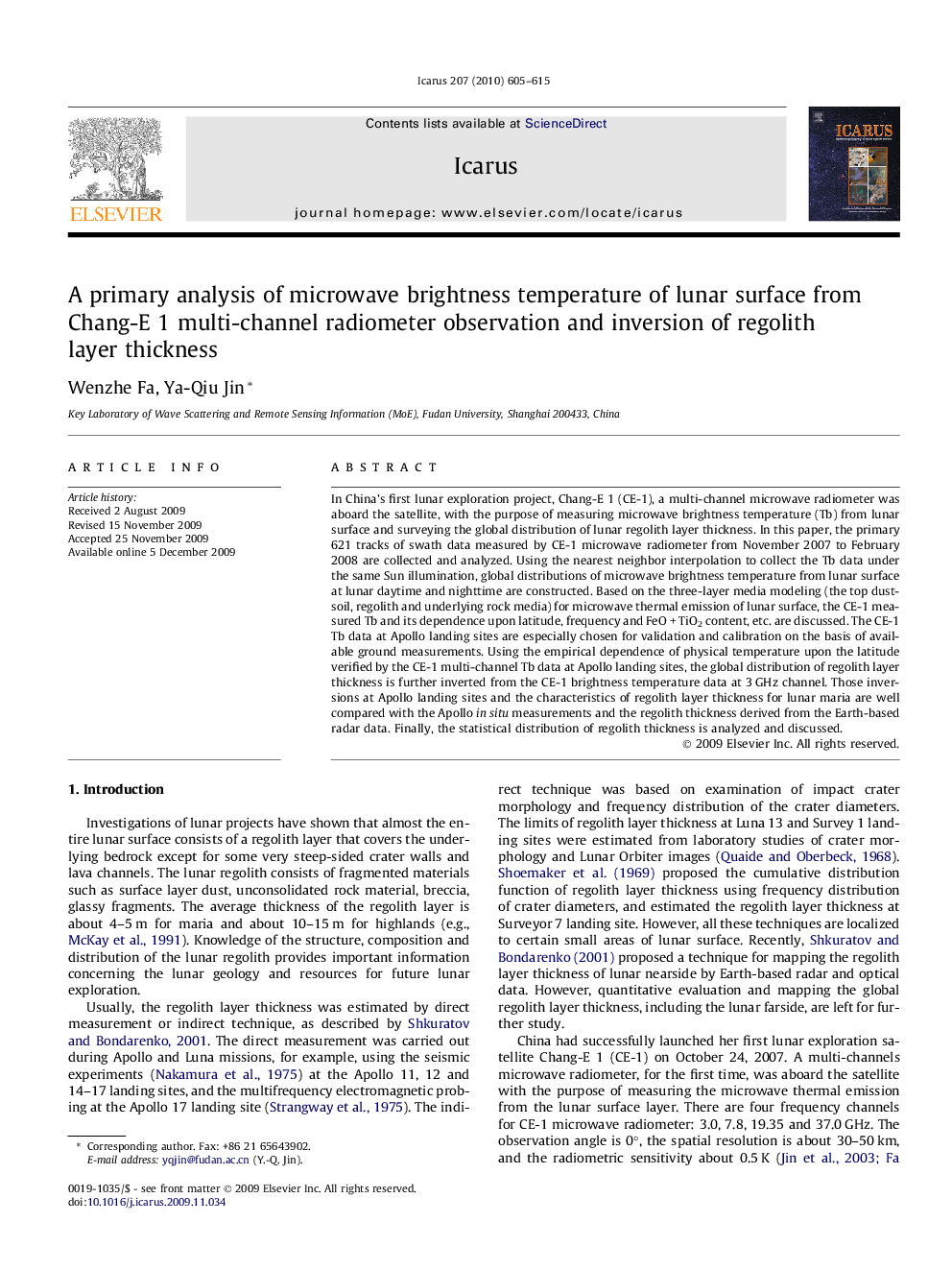 A primary analysis of microwave brightness temperature of lunar surface from Chang-E 1 multi-channel radiometer observation and inversion of regolith layer thickness