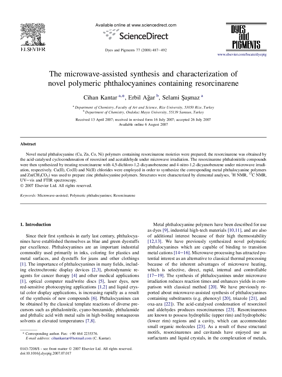 The microwave-assisted synthesis and characterization of novel polymeric phthalocyanines containing resorcinarene