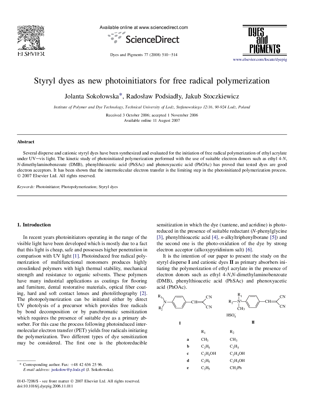 Styryl dyes as new photoinitiators for free radical polymerization